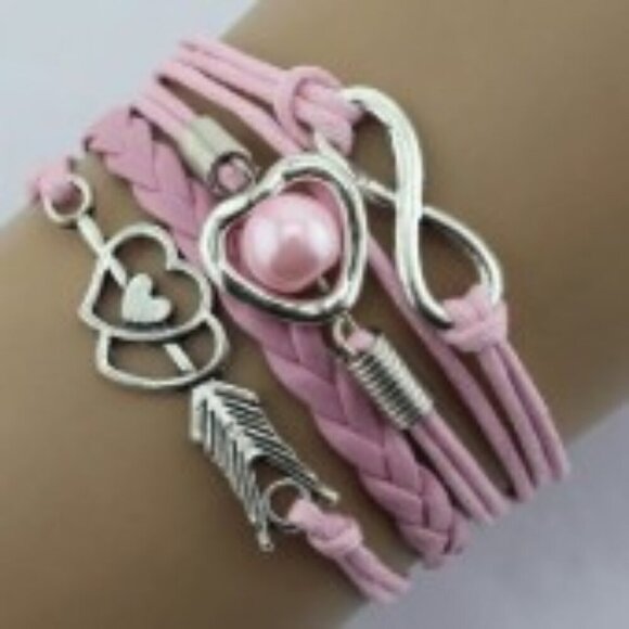Cupid's Arrow Pearl Rope Multi-Layer Heart Bracelet Pink and Silver Retro Style - Picture 1 of 6